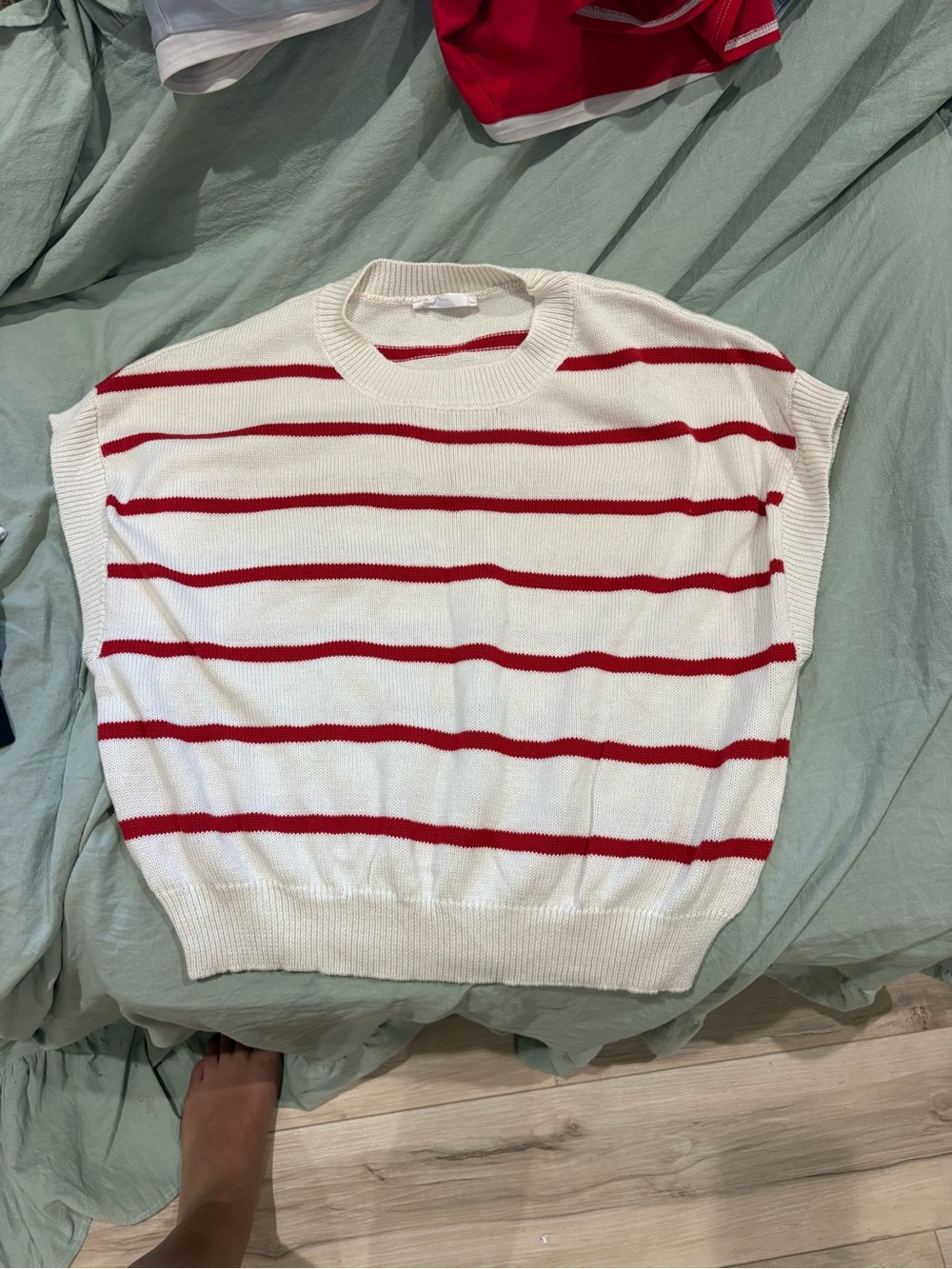 Women’s White Sweater Vest with Red Stripes